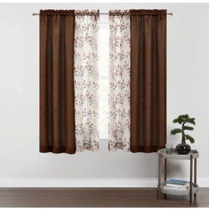 Brown Basket Leaves Window Curtain 4-Pc Room Shears Panels 25.5 W x 63 inch Each